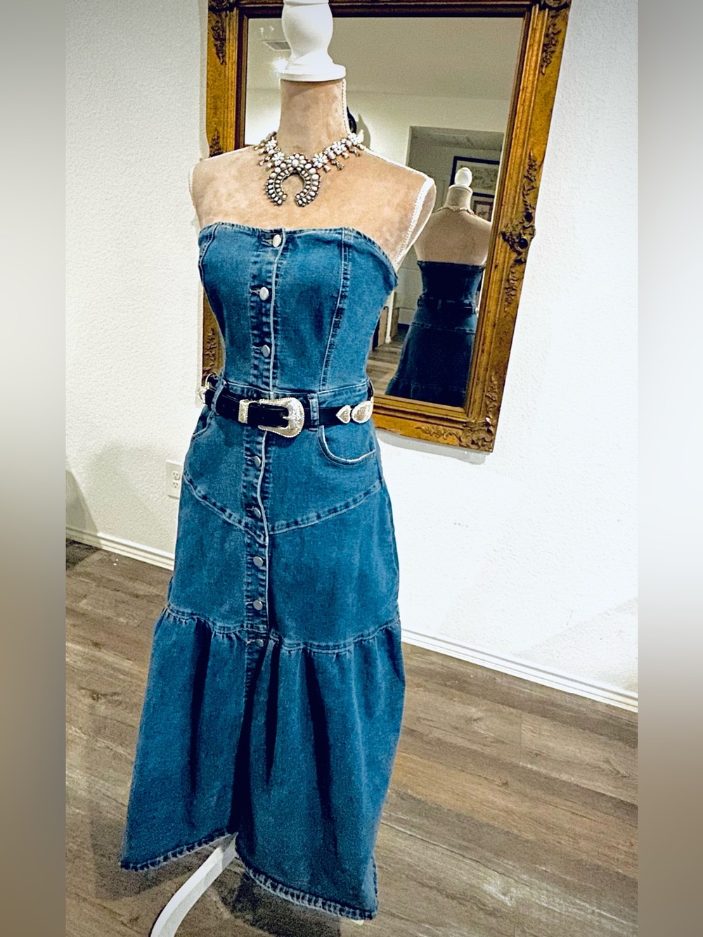 Vintage Strapless Denim Western Overall Rodeo Cowgirl Festival Maxi Dress - Picture 4 of 6